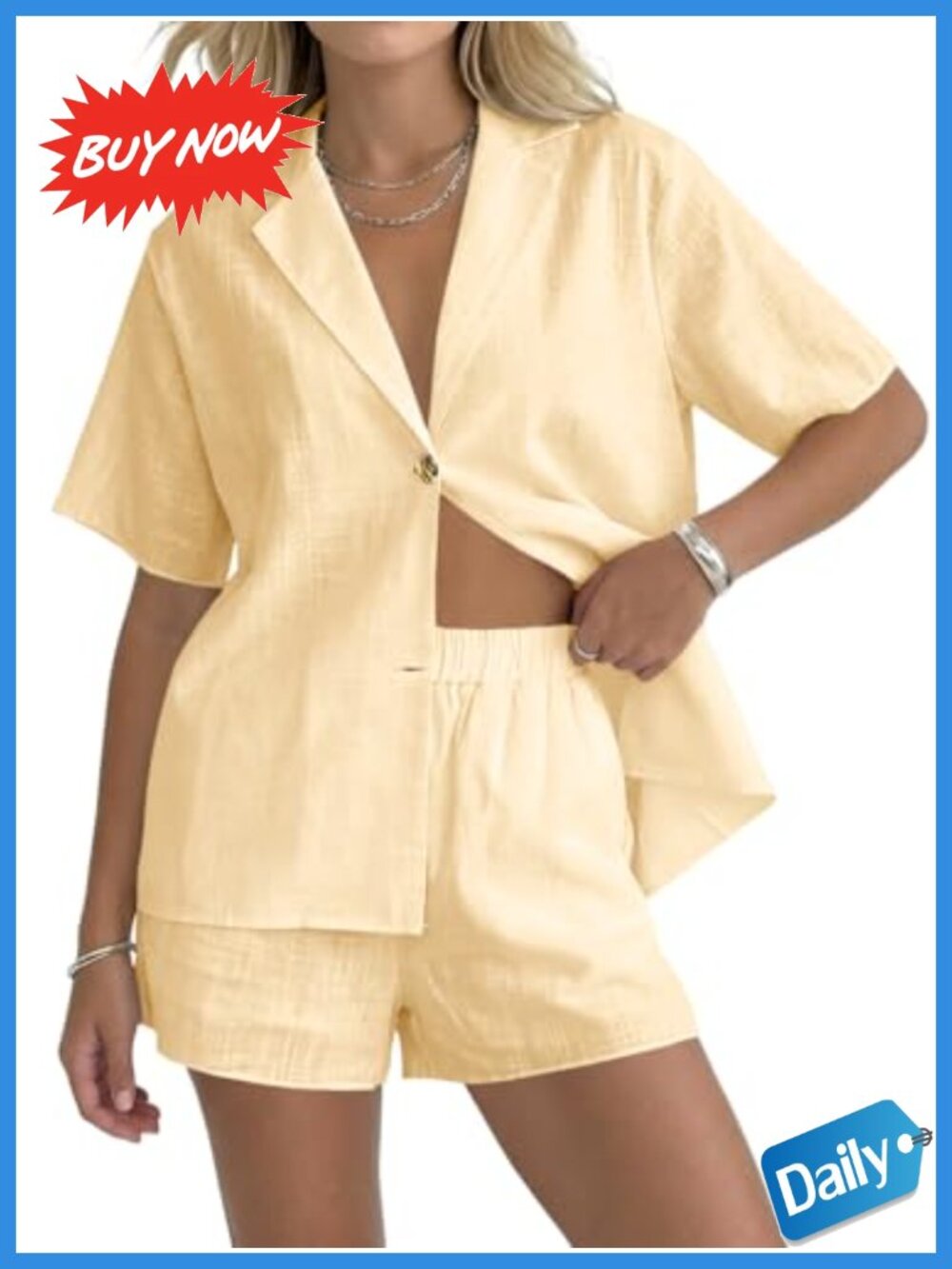 Women's Cotton 2 Piece Short Set Button Down Shirt & Lined Shorts Casual Summer
